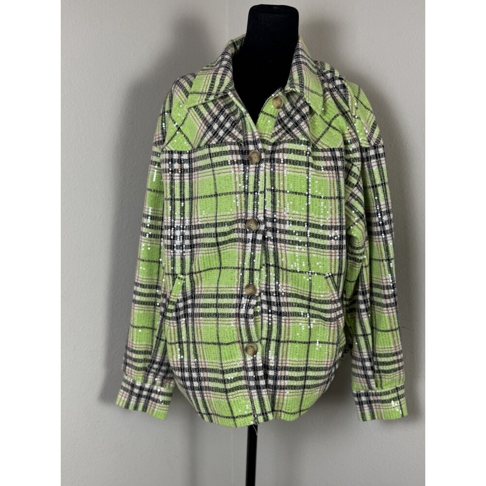 Main Strip Green Sequin Plaid Shacket Women’s Small NWT Button Front Jacket